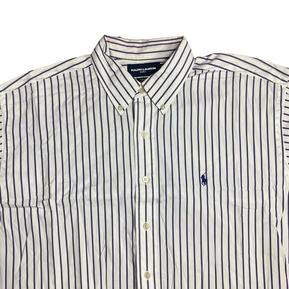 Ralph Lauren Golf Shirt Mens XL Purple Striped Button Down Tilden Cotton Pony LS - Picture 1 of 12